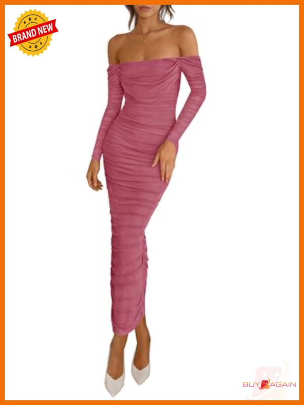 Long Sleeve Off Shoulder Mesh Ruched Bodycon Maxi Dress Wedding Guest